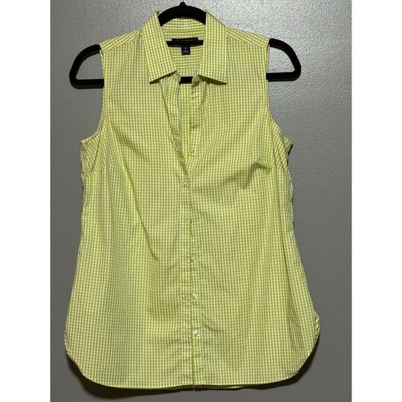 NWOT Lands End Button‎ Down Sleeveless Shirt Green White Checker 6 Supima Cotton - Picture 1 of 7